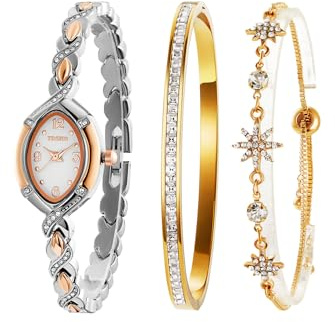 TIME100 Quartz Damenuhr Set Gold/Silber Elegant Kette und Reif Dress Watch Verstärkt Kristallglas Minimalistisch Ziffer Ideal Accessoir