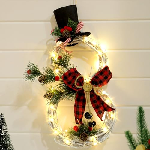 Türkranz Weihnachten Beleuchtet mit Timer, Weihnachtskranz Weihnachtsdeko Hängend, Fensterdeko Tür Kranz Weihnachten, Schneemann Deko (Rot)