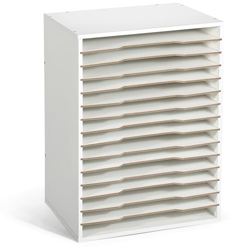 Caydo 15-Fach Papierorganizer Aufbewahrung, Holzverstellbare Regale Papierablage mit Entnahmeschlitz für 12x12 Zoll Scrapbooks, Transferpapiere, Akten, Vinyl für Büro, Zuhause (Weiß)