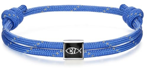 J.Endéar Jésus Poisson Bracelet Nautique | Bracelet en Argent 925 Paracorde pour Homme | Bijoux Chrétiens pour Femme Garçons Surfeur Cadeau, Bleu