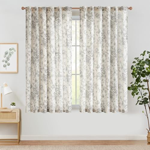 TOPICK Floral Gardinen Leinenoptik Vorhänge 2er Set H145xB140 Grau Beige | Lichtdurchlässig Gardinen Wohnzimmer boho landhausstil blickdicht Vorhänge Schlafzimmer mit Tunnel und verdeckten schlaufen