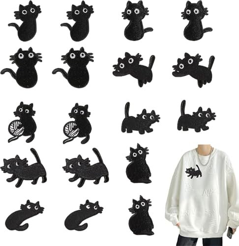 18 Aufnäher, schwarze Katzenaufnäher zum Aufbügeln, Aufnäher für Kleidung und Bastelarbeiten, Applikationen zum Aufnähen auf Hosen, Jeans, Hemden, Hüte