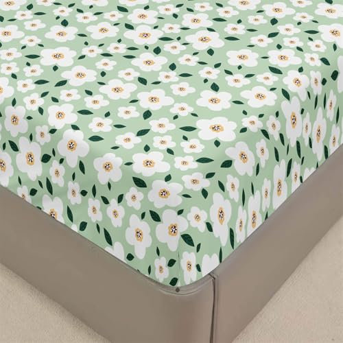 Chickwin Spannbetttuch Druck Spannbetttuch Boxspringbett, Weiche Bequem Spannbettlaken Matratzenschoner für Bettw Sche, Steghöhe bis 30cm (200x200 cm,grüne Blume)