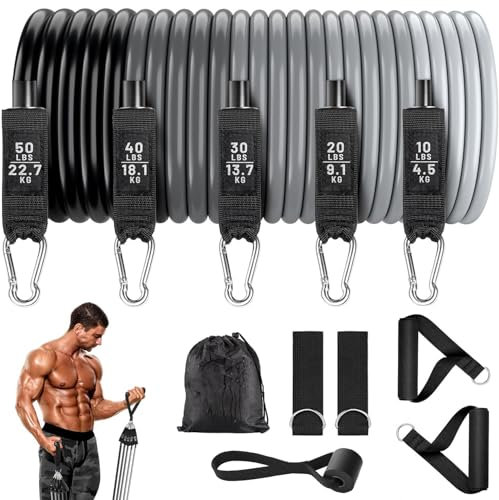 mymai Resistance Bands Set 11 teiliges Fitnessband Set mit Griffen, Türanker, Fußschlaufen und Tragetasche Maximal 150 lbs Schwarz und Grau