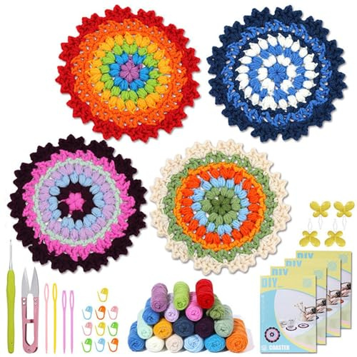 Häkeluntersetzer Herstellungsset, Häkeluntersetzer-Set für Anfänger, gehäkeltes Lernset, Häkel-Set für Anfänger, Untersetzer, Blumentopf, Häkel-Kits