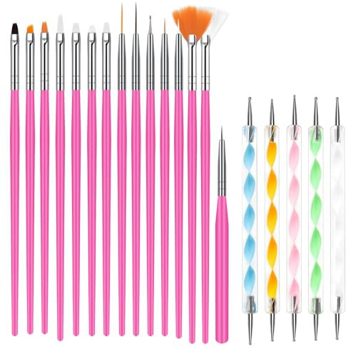 URAQT 20 Stück Nagel Pinsel Set, Nagel Pinsel, Nageldesign-Stifte Brush, Acryl Nagel Kunst Pinsel mit Dotting Tools,für gelnägel UV-Gel Nageldesign Nail Art (Rosarot)