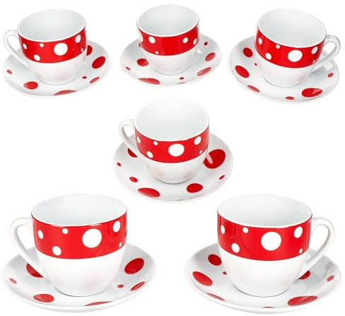 MamboCat Pula Lot de 6 tasses à café rouges avec soucoupes pour 6 personnes - En porcelaine blanche à pois - Pour le petit-déjeuner et le café - 6 tasses à thé de 200 ml et 6 soucoupes