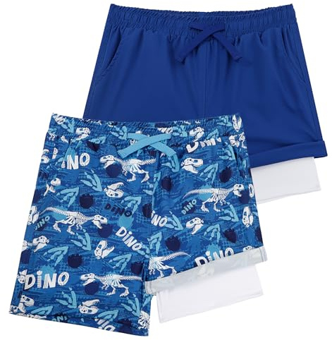 LACOFIA 2 stycken badshorts för pojkar 2-i-1 barnbadbyxor med kompressionsliner, simbyxor med elastisk midja, barn, sommar, strandshorts, snabbtorkande i 4–14 år, Blå + blå, 110-116