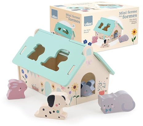 VILAC - Sarah Betz Mini Shape Farm - First Age Toy - 1 House Shape Box + 4 Wooden Animals: Dog, Rabbit, Cat and Mouse - Early Learning Games - From 2 Years Old - 7119