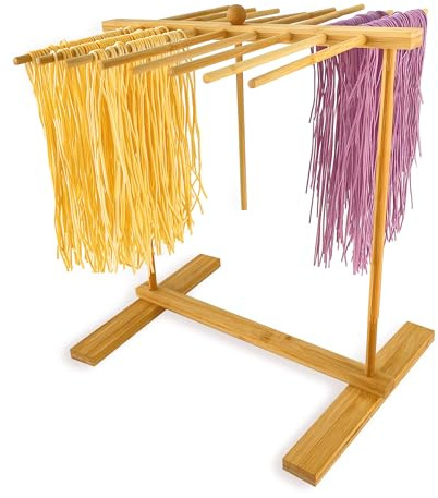 Bamboo-Pasta-Drying-Rack With Transfer Wand & 16 Arms, Large Tall Collapsible Fresh Pasta Dryer Holder For Homemade Noodle, Spaghetti, Tagliatelle, Detachable Fettuccine Hanger Stand With 16 Bars