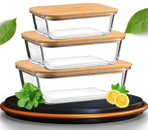 PZASupply Meal Prep Glas Lebensmittel Frischhaltedosen 3er Set - Umweltfreundliche Aufschnittbox Glas Behälter mit Bambusdeckeln, Ineinander Stapelbar, Luftdicht, Freezer & Spülmaschinenfest