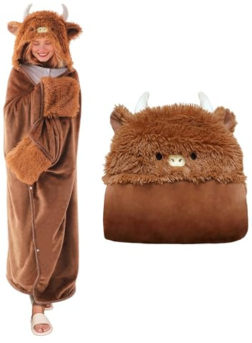 SQEQE Highland Cow bärbar filt överdimensionerad bärbar huva Kawaii filt huvtröja gåvor för kvinnor flickor män vuxna 127 x 152 cm