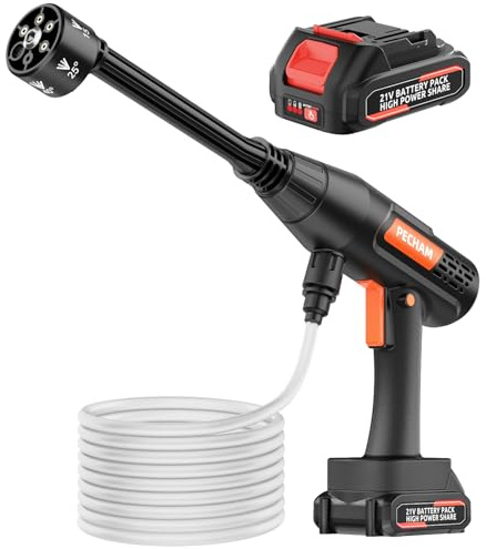 PECHAM Portable Pressure Washer, 6 in 1 Cordless Power Washer with 3 Adjustable Modes, 4.0Ah Battery Pressure Washer with 5M Antifreeze Hose for Car & Patio