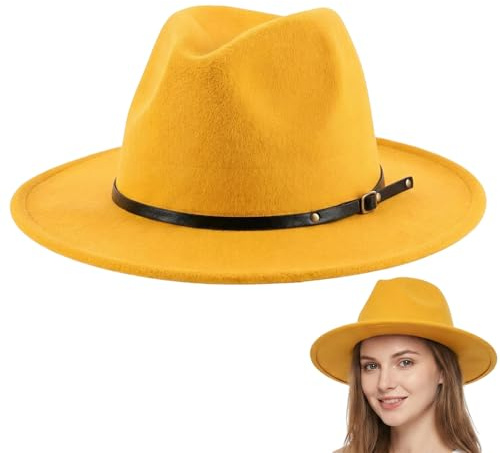 Unisex Fedora-Hut mit breiter Krempe und Gürtelschnalle, verstellbar, klassischer Panama-Kirchenhut für Damen und Herren, gelb, M