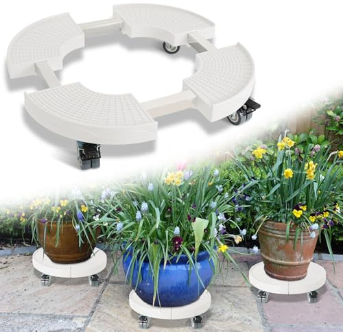 Monucep Pflanzenroller Einstellbare 38-54 cm, Rollbrett Pflanzen Tragkraft 200kg, Blumenroller Rund mit 360 ° Drehbare Rädern, Blumentopf Gefäßroller für den Innen- und Außenbereich, weiß