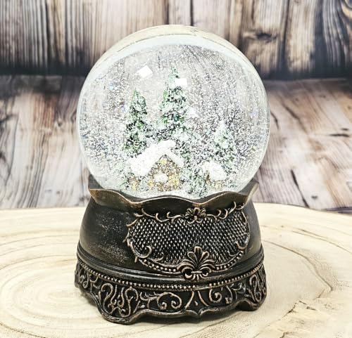 Hüttenzauber Schneekugel Musik | Kupfer antik | B: 10cm, H: 14 cm | 20324 | Nostalgische Winterhütte im Winterwald in Schüttelkugel | mechanische Spieluhr | Weihnachtsdekoration mit Musik