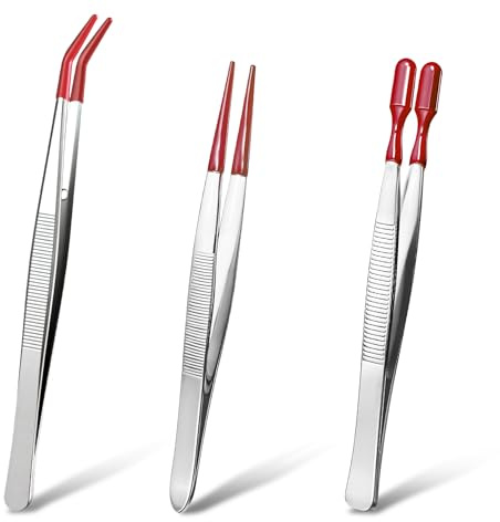 Juego de 3 pinzas con puntas de goma, pinzas de acero inoxidable con punta de goma dobladas planas y puntiagudas, pinzas de precisión para joyería, manualidades, electrónica y uso en laboratorio