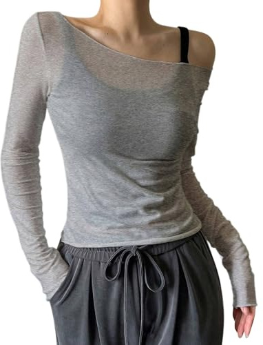 Tee Shirt Seconde Peau Femme Hauts Transparents en Maille à épaules dénudées pour Femmes,Chemises à Manches Longues Transparentes,Tenues de soirée et de Club(Grey,S)