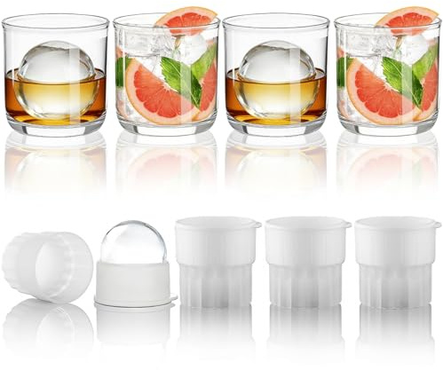 Berglander Jeu de Verres à Whisky 8 pièces (4 Verres à Bourbon, 4 Grands Moules à Boules de Glace) 340ml Plastique PET Transparent Réutilisable pour Scotch, Cocktail, Cognac, Vodka, Liqueur