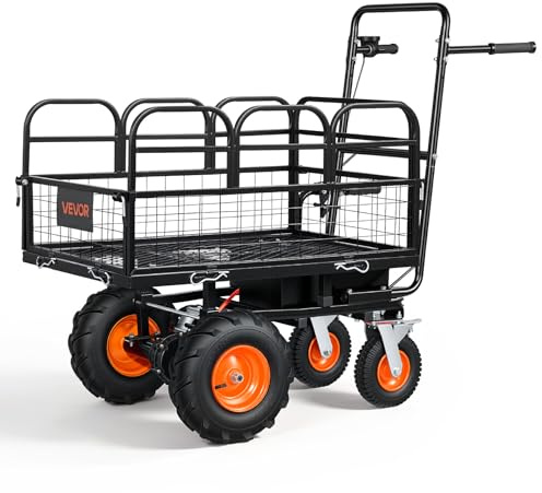 VEVOR Carro de Jardín Eléctrico 500W Capacidad de Carga 300 kg con 4 Ruedas, Carretilla Eléctrica Todoterreno con Freno, Mango Flexible, Barandillas Ajustables, Estructura de Acero, para Patio Campo