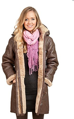 Mujeres de Marrón Largo Invierno con Capucha Shearling Piel de Oveja Cuero Abrigo de Duffle XL