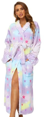 RONGTAI bata de baño de franela con cuello redondo, de manga larga, suave, para mujer, con bolsillos - Multi color - S