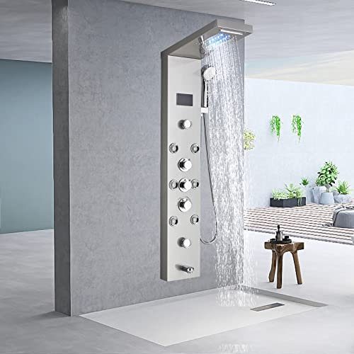 Bagno LED Doccia Miscelatore a 5 funzioni Pannello Torre Sistema Doccia Colonna Cascata Pioggia Doccia Idromassaggio Ugello Silicone Nichel Spazzolato Acciaio Inox 304