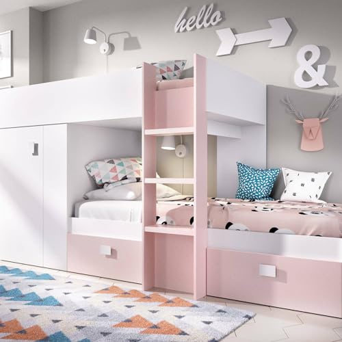 Dmora Bambini Cevedale, Cameretta Completa con Armadio e cassetti, Composizione Letto a Castello con Due lettini Singoli, 271x111h150 cm, Bianco e Rosa