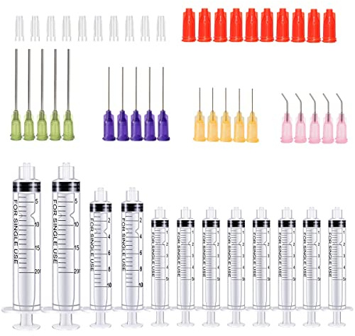 52 Pcs - 5ml 10ml 20ml Syringes with 14ga, 20ga,21ga, 23ga Blunt Tip Needles With Syringe Caps and Needle Caps for Refilling and Measuring Liquids, Oil or Glue Applicator
