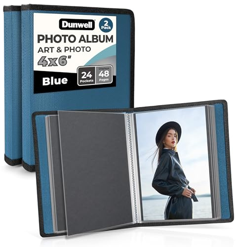 Dunwell Kleine Fotoalben, 10,2 x 15,2 cm, Blau, flexibler Einband, Portfolio-Ordner mit 24 Hüllen, für 48 Fotos, Kunstwerke oder Postkarten, 15,2 x 10,2 cm