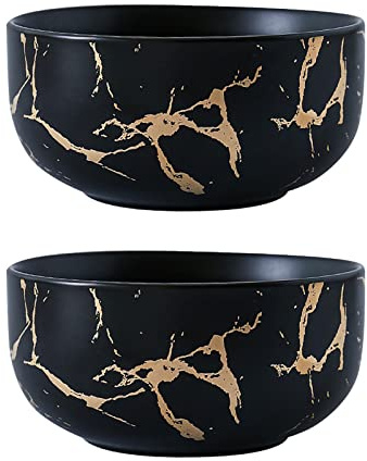 EIMQUVW Set mit 2 goldfarbenen Marmor-Suppenschüsseln, Keramik-Müslischale, Marmor-Suppenschüssel, 480 ml, Reisschüssel, luxuriöse Goldeinlage, Dessertschale (Schwarz-2)