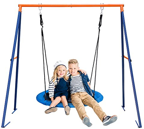 SUPER DEAL Outdoor Kids Swing Set 40 inch Saucer Swing with Frame Combo, Saucer Tree Swing and Heavy Duty Steel A Frame Playset for Backyard, 4 Ground Stakes and Adjustable Ropes, 440 lbs Blue