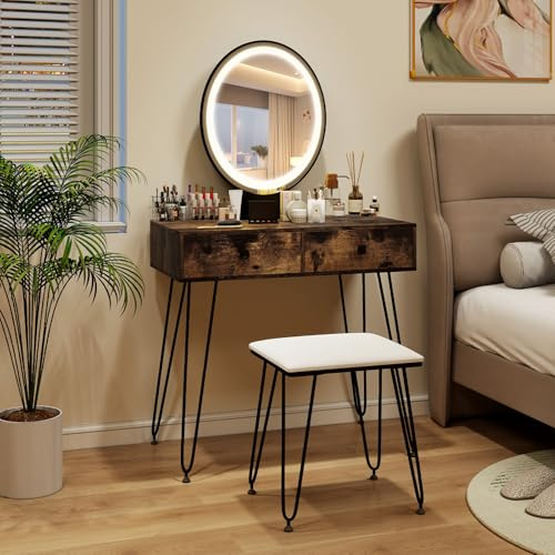 RELAX4LIFE Dressing Table Set, Adjustable LED Lighted Makeup Vanity Desk with Stool, Mirror and Drawers, Cosmetic Bedroom Dresser Makeup Table for Girls Women (Rustic Brown Look + Makeup Box)
