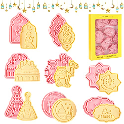 Mecctuck Ramadan Ausstechformen, 8 Stück Ramadan Keksausstecher, Eid Mubarak Keksausstecher, 3D Ausstecher Ramadan Geschenke, Islamische Geschenke für Zuhause Ramadan Kareem Party Backen Zubehör