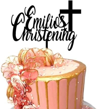 Christening Personalised Acrylic Cake Topper with a Cross - Party Decoration.Cake Decoration - Personalised with Name - Baptism - Baby Name - Christening Name - First Communion (BABY PINK)
