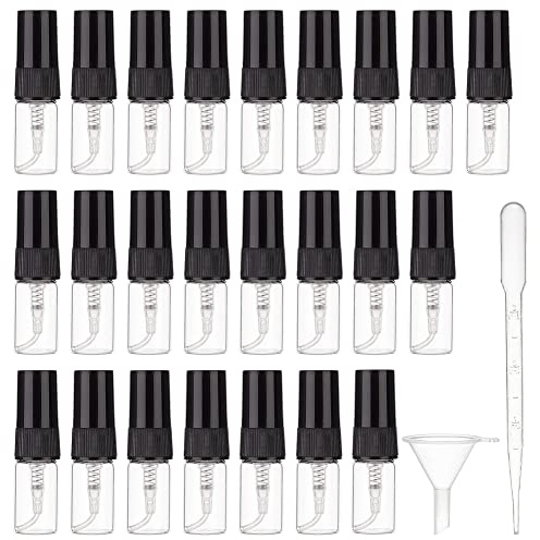 BENECREAT 40 flaconi spray da 2 ml con nebbia fine, bottiglia di campione ricaricabile con coperchio in plastica nera, 10 pipette e 4 imbuti per profumi, lozioni, viaggi