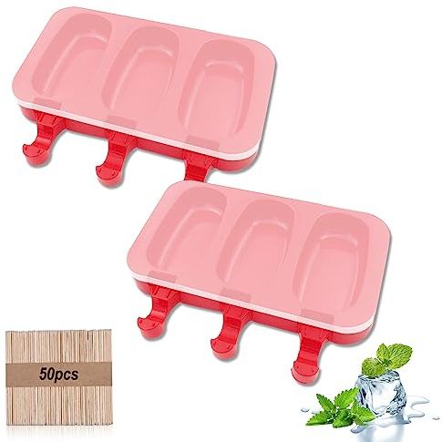xocome 2 Moldes Helados Silicona, con 3 Cavidades y 50 Palos de Madera, sin BPA, molde para helado con tapa, para Niños, Adultos, Postre, Chocolate, Bricolaje (Rojo) (K19B)