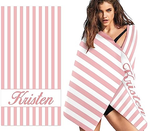 SearchI Personalisiertes Strandtuch mit Namen,Mikrofaser Badetuch Leicht und Schnelltrocknend für Reise, Strand, Sauna,Personalisiert Decke Geschenke für Kinder Erwachsene(Rosa Streifen,76x162cm)
