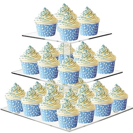 ECOSEAO Soporte cuadrado transparente para cupcakes de 3 niveles, soporte de acrílico para tartas y postres para bodas, cumpleaños, decoración del hogar (10 pulgadas)