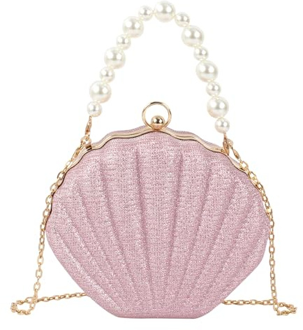 MilyaDE Damen Glitzer Muschel Clutch Acrylic Paillette Geldbörse Schultertasche Umhängetaschen Handtasche mit Perlen Metal Ketten 19,5 * 6 * 16,5cm, Rosa