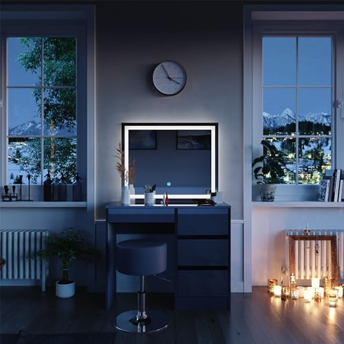 Vicco Schminktisch Sherry, Anthrazit, 90 cm | mit LED Spiegel und Hocker, mit LED-Beleuchtung und höhenverstellbarem Sitz