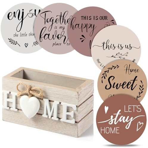 Queekay House Warming Gifts New Home Farmhouse Coasters Set of 6, Cinnamon | Wooden Coasters for Drink with Holder, 4'', Funny Home Decoration for Family Coffee Bar Table Protection, New Home Gift Ideas