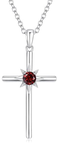 LOCIBLO January Birthstone Necklaces for Women 925 Sterling Silver Cross Pendant White Gold Red Created Garnet Necklace Crucifix Jewellery for Her, 16+2