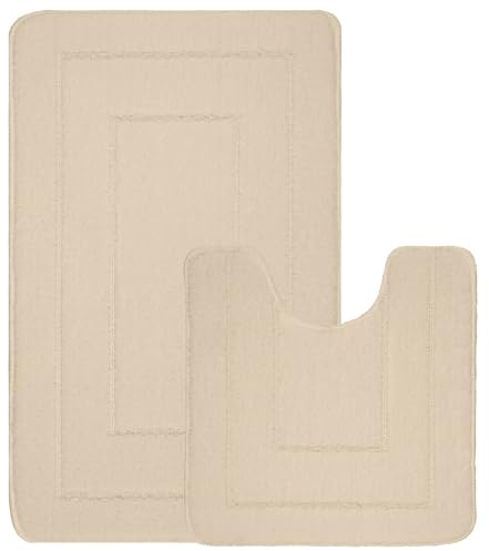 EDS 2 Piece Ichra Bath Mat Set Non Slip Ultra Soft Bathroom Mats Extra Absorbent 100% Polypropylene Toilet Mat Set Washable Toilet Rug Bathroom Accessory (CREAM)