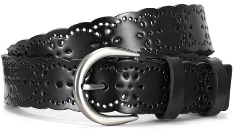 JasGood Damen Ledergürtel Hohle Blume Design Damen Gürtel mit Dornschließe für Jeans Hosen Kleider,Schwarz,100cm