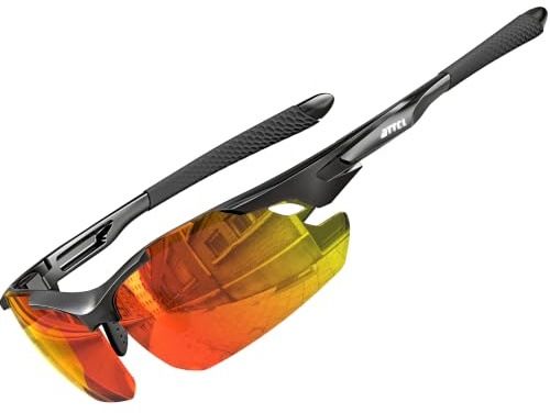 ATTCL Solglasögon för män – förbättrade polariserade sportglasögon ultralätta UV-skyddande solglasögon UV400 CAT 3 CE, 7027-svart + röd/speglad, Medium