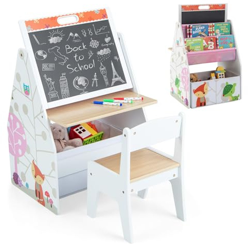 LIFEZEAL Juego de Mesa y Silla Infantil, Escritorio Infantil de Madera con Pizarra para Pintar y Espacio de Almacenamiento, Caballete Ajustable con Silla para Niños 3 Años+ (Blanco)