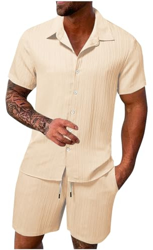 FZKun Tenues Estivales 2 Pièces Pour Hommes Pour Les Vacances - Chemises Cubaines à Manches Courtes En Coton Et Lin à Boutons Pour La Plage Hawaïenne Et Shorts Assorti De Survêtement (Kaki,M)