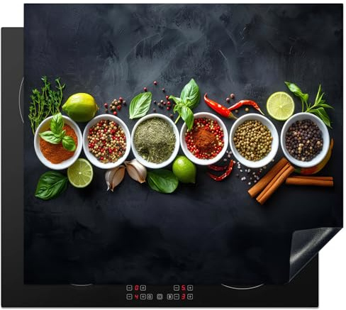 KitchenYeah© Herdabdeckplatte Induktion Schutzmatte Küche Herdabdeckung | 60x52 cm - Ceranfeld Induktionsmatte Cerankochfeld Abdeckung Kräuter - Gewürze - Betonoptik - Stilleben
