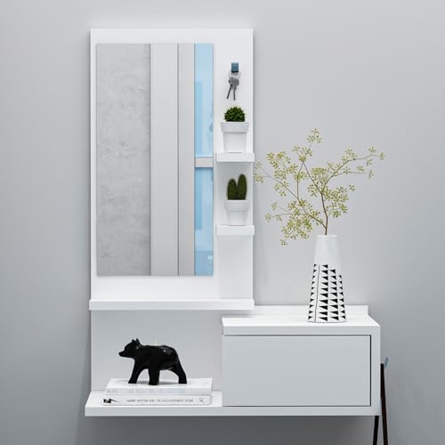 Homidea ENKI Flurmöbel hängend - Spiegelschrank - Hängeschrank - Wandschrank für den Eingangsbereich mit Schublade, Spiegel und Regalboden im modernen Design (Weiß/Weiß)